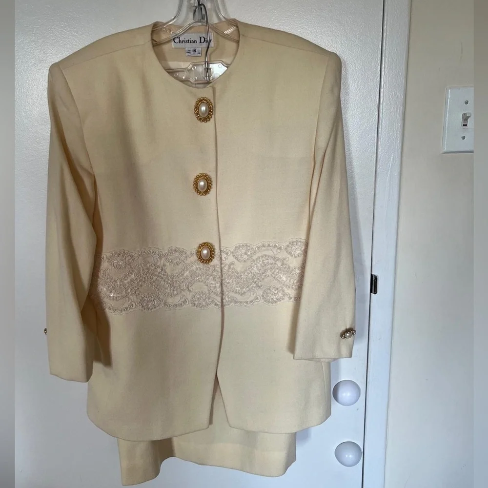 Dior Women's Cream Blazer with Skirt Gold Accents